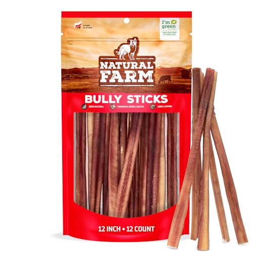 Natural Farm Odor-Free Bully Sticks (12 Inch, 12 Pack), 1.2 lbs. Per Bag, 100% Beef Pizzle Chews, Grass-Fed, Non-GMO, Fully Digestible Long Lasting Best Dental Treats to Keep Your Dogs Busy