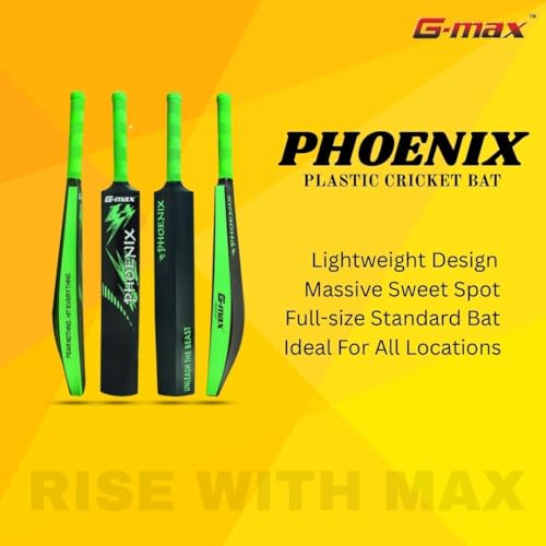 Image of G-Max Phoenix Cricket Bat Full Size HDPE Plastic Lightweight Design Black & Green Massive Sweet Spot Ideal for Tennis Ball & Soft Ball Practice