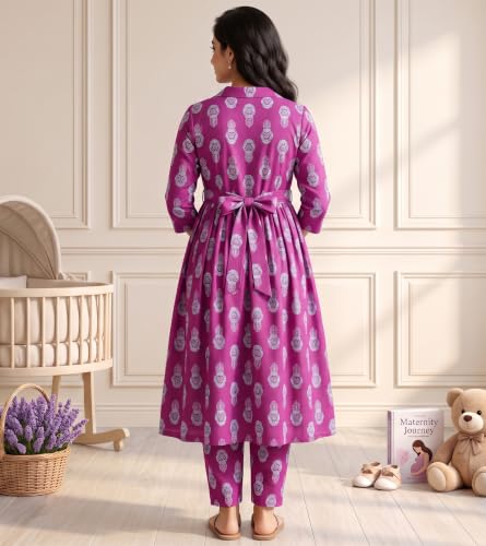 Image of DUMMY SHAPE Maternity Dresses for Women Cotton | Floral Kurta Pant Dupatta Set with Nursing Zippers, Side Pocket | Pre & Post Pregnancy | Feeding Kurti Suit | Baby Shower | Gifts for Pregnant Woman