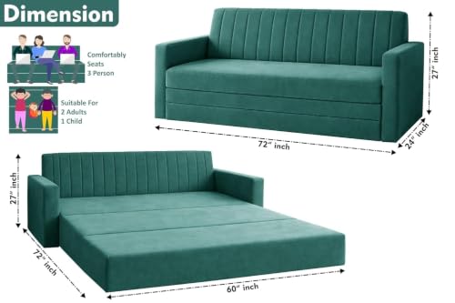Image of Sofa-Cum-Bed | Three-Seater Foladable Sofa with Armrest | Modern Fabric Sofa Bed for Living Room, Bedroom & Office - Green Color