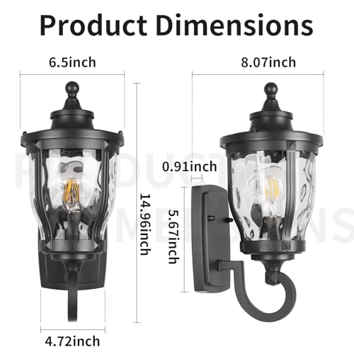 Image of JYZ 15 inch Outdoor Wall Light Lantern, Anti-Rust Exterior Wall Sconce with Hammered Water Ripple Glass, Waterproof Matte Black Outside Lighting Fixture for Front Door, Porch, Garage