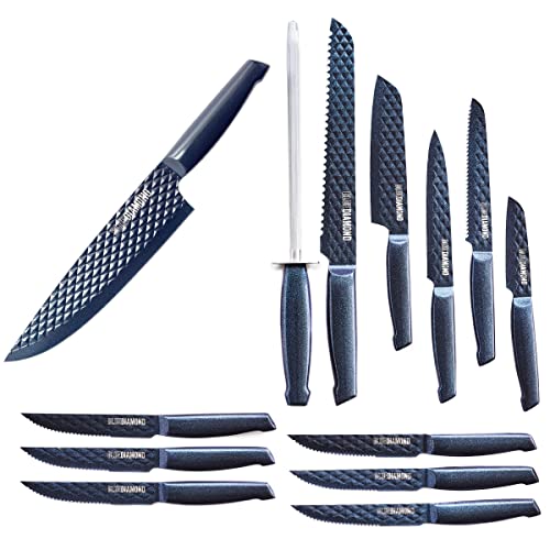 Blue Diamond Sharp Stone Nonstick Stainless Steel Cutlery, 14 Piece Wood Knife Block Set With Chef Steak Knives And More, Diamond Texture Blade, Dishwasher Safe Knives, Blue #TOP1
