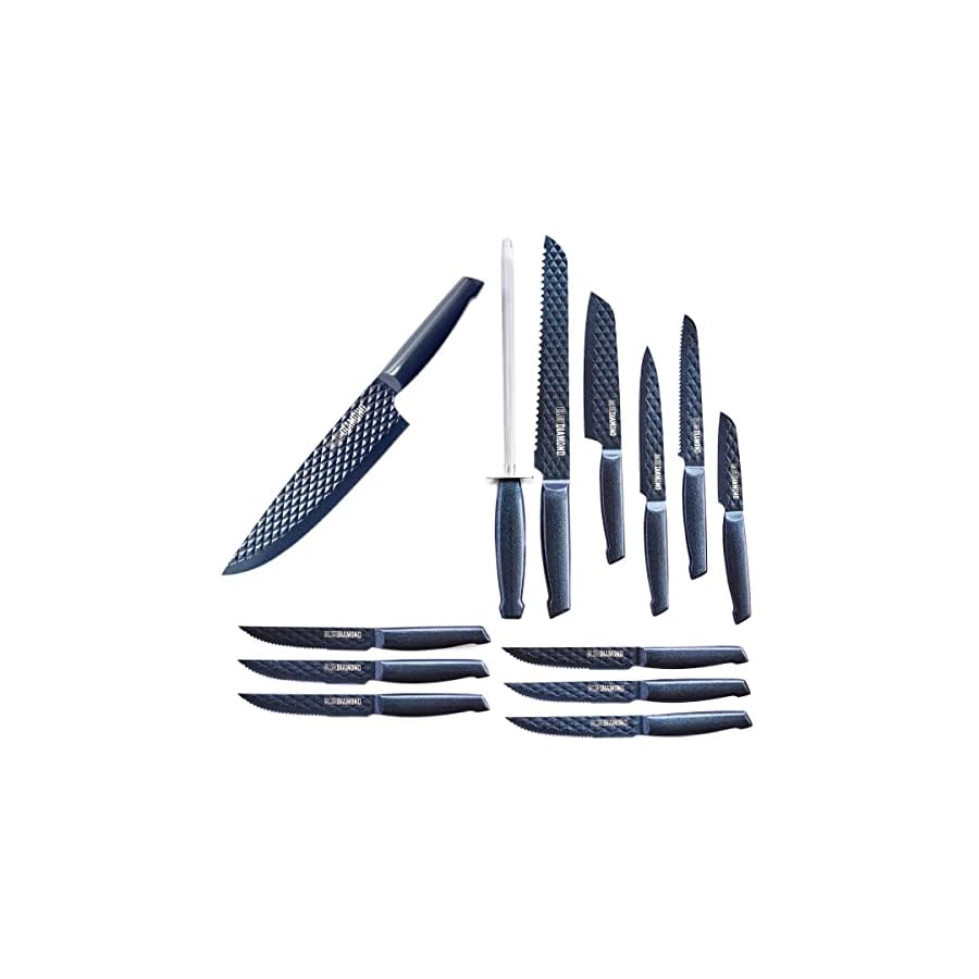 Blue-Diamond-Sharp-Stone-Nonstick-Stainless-Steel-Cutlery-14-Piece-Wood-Knife-Block-Set-with-Chef-Steak-Knives-and-more-Diamond-Texture-Blade-Dishwasher-Safe-Knives-Blue Blue Diamond Sharp Stone Nonstick Stainless Steel Cutlery, 14 Piece Wood Knife Block Set with Chef Steak Knives and more, Diamond Texture Blade, Dishwasher Safe Knives, Blue