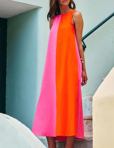 Zontroldy Summer Casual Dress for Women Long Sleeveless Crewneck Dresses Color Block Side Slit Beach Vacation Dress2