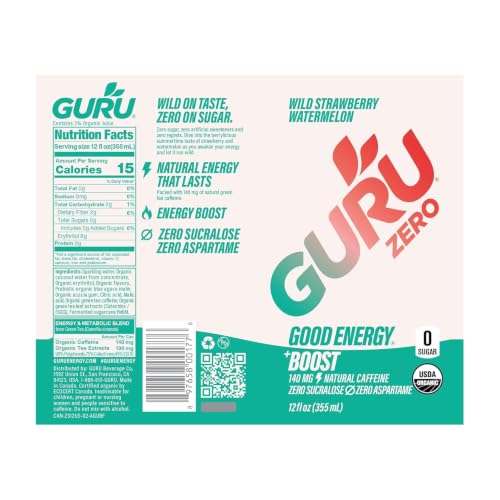 Image of GURU Zero Sugar Energy Drink, Strawberry Watermelon, 12 Fl Oz, 12 Pack | 140 MG Natural Caffeine for Workouts, Performance & Midday Boost, With Real Fruit Juice, L-Theanine, Plant Based, Gluten Free