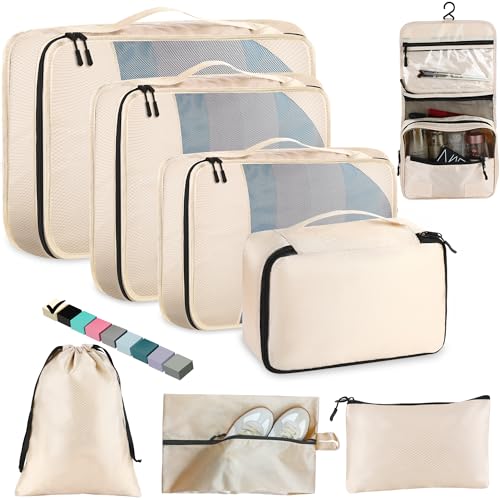 Toncoke 8 Set Packing Cubes for Travel Women Men Kids, Mesh Suitcase Organizer Bags Set for Luggage, 4 Sizes Extra Large, Large, Medium, Small, Travel Camping Essentials Accessories, Beige Toncoke 8 Set Packing Cubes for Travel Women Men Kids, Mesh Suitcase Organizer Bags Set for Luggage, 4 Sizes Extra Large, Large, Medium, Small, Travel Camping Essentials Accessories, Beige