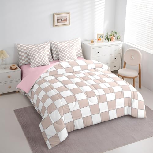Image of Erosebridal Light Pink Checkered Full Bed in A Bag 7 Piece White Cream Checkerboard Bedding Set,Buffalo Plaid Grid Comforter Set with Sheets for Kids Girls Teen Aesthetic Geometric Gingham Bed Set
