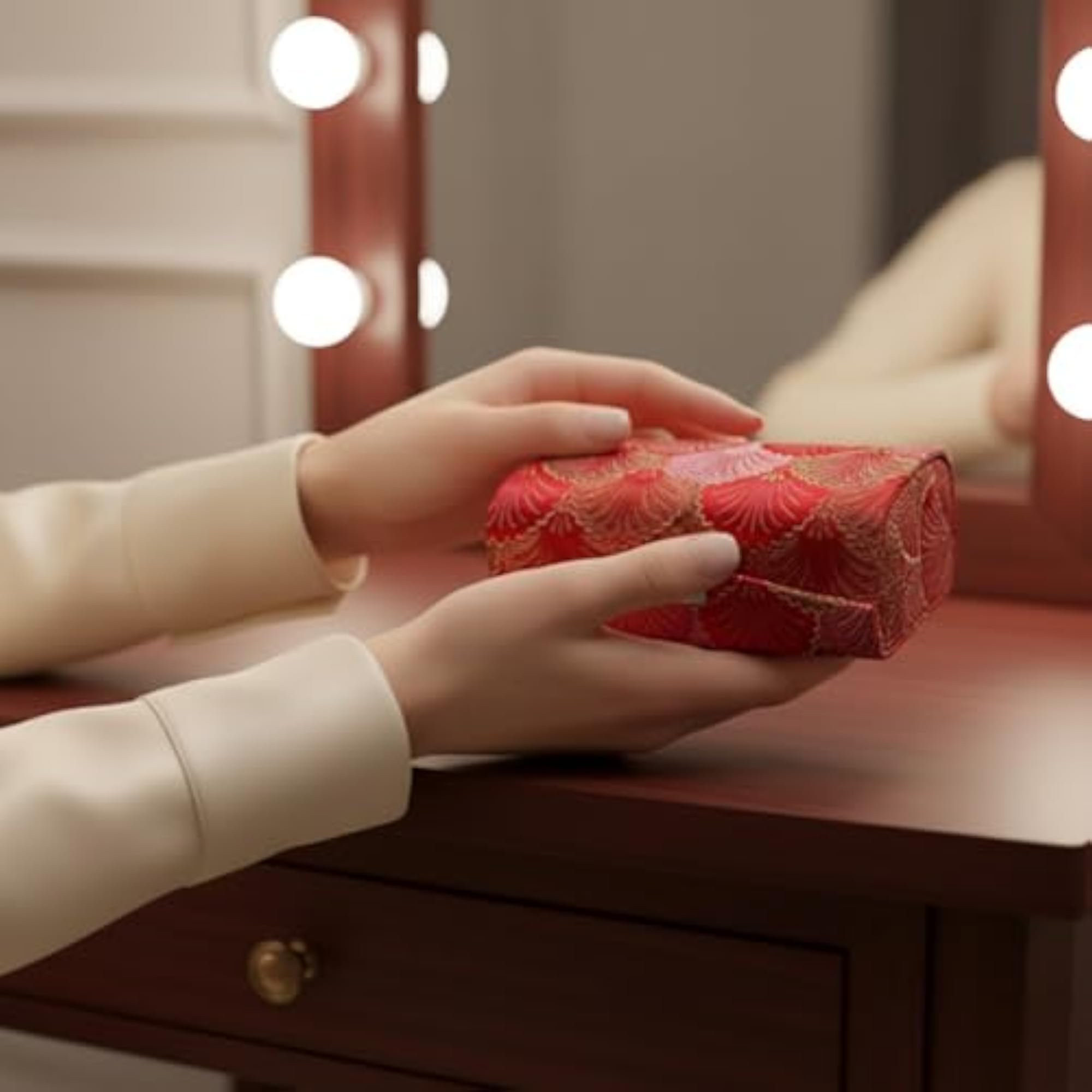 Double Button Closure Brocade Lipstick Case with Mirror
