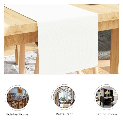 Image of Encasa XO Dining Table Runner for 4 to 6 Seater| Yarn Dyed Fine Ribbed Cotton | Size 32x183 cm | Solid Off White | Machine Washable