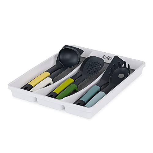 LIVIVO 3 Compartment Cutlery Tray with Grey and White Colouring for Kitchen Forks, Spoons, Knives and Utensils, Makeup, Cosmetics, Garage, Tools, Home and Office, Non Slip Multipurpose Divider LIVIVO 3 Compartment Cutlery Tray with Grey and White Colouring for Kitchen Forks, Spoons, Knives and Utensils, Makeup, Cosmetics, Garage, Tools, Home and Office, Non Slip Multipurpose Divider