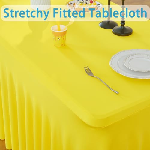 Image of 3 Pack Yellow Spandex Tablecloth for 6 Foot Rectangle Tables, Wrinkle Free Fitted Table Cloth Cover 6ft Yellow Stretchy Tablecloths with Skirt for Parties Weddings Birthday Banquet Baby Shower