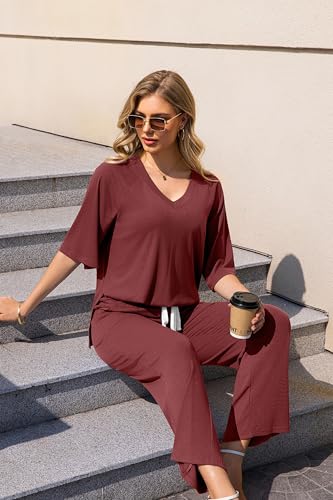 Image of difficort 2 Piece Lounge Sets for Women Summer Outfits Vacation Loungewear | Knit Raglan Short Sleeve Wide Leg pant with Pockets