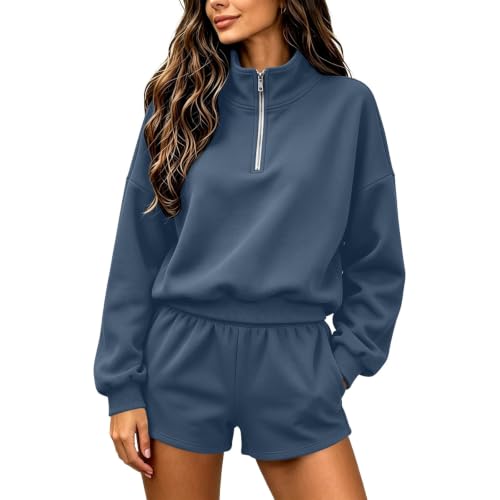 Sweatsuits Women 2 Piece Outfit Shorts Quarter Zip Sweatshirt Shorts Sets - image 2