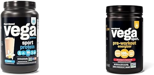 Vega Proteína deportiva premium de vainilla en polvo, vegano, sin OMG y estimulante deportivo para preentrenamiento, limonada de fresa, polvo para