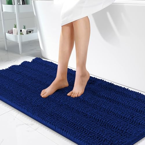 Image of OLANLY Thick Bathroom Runner Rugs 47x24, Extra Absorbent Chenille Striped Bath Rugs, Rubber Backing, Machine Wash Dry, Long Bath Mats for Bathroom Floor, Tub and Shower, Home Decor Accessories, Navy