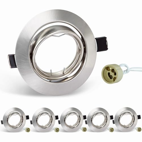 SCNNC Marco Foco Empotrable Techo Incl. Zócalo GU10 Para 50MM MR16 Lámparas, Redondo Metálica Cepillado Marco Empotrado Ojo de Buey Marcos Focos GU10 Para Baño Sala Cocina, 6 Pack