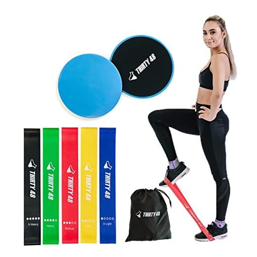 Thirty48 Gliding Discs Core Sliders and 5 Exercise Resistance Bands | Strength, Stability, and Crossfit Training for Home, Gym, Travel | User Guide & Carry Bag (Resistance Bands + Core Slider(Blue))