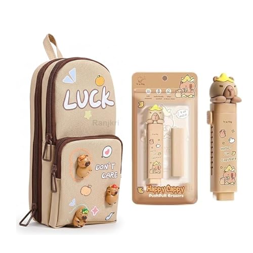 Image of Kawaii Stationery Combo Set for Girls | Kawaii Pencil Case Pouch with Zipper & Push Pull Eraser with Refills Back to School Supplies Gift for Kids