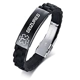 VNOX SEIZURES Medical Alert ID Black Silicone Rubber Stainless Steel Adjust Bracelet Wristband for Men
