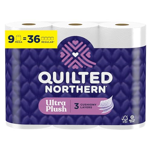 Quilted Northern Ultra Plush Toilet Paper, 9 Mega Rolls = 36 Regular Rolls, 3X Thicker*, 3 Ply Soft Toilet Tissue