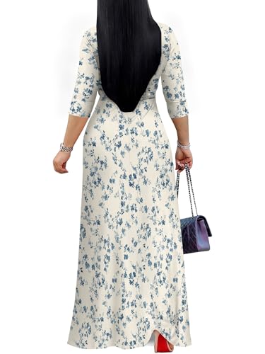 Image of Women's V Neck Floral Maxi Dress 3 /4 Sleeve Plus Size Boho Wrap Flowy Long Dresses with Belt