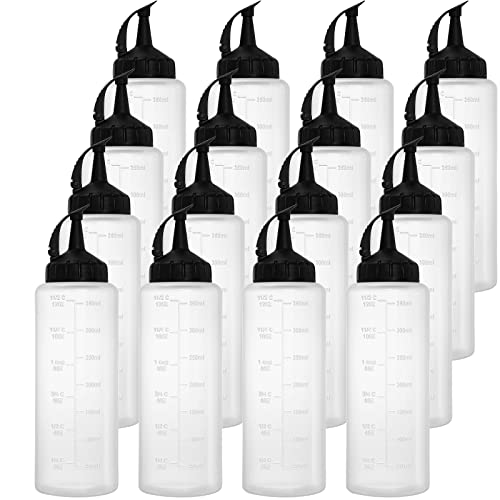 ZOOFOX 16 Pack Condiment Squeeze Bottles, 12 oz Plastic Squeeze Squirt Bottles with Twist On Cap Lids and Discrete Measurements, Squeeze Bottle for Sauce, Ketchup, BBQ, Dressing, Paint and More