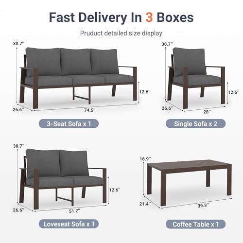 Image of UDPATIO Aluminum Outdoor Patio Furniture Set 7-Seat Metal Patio Conversation Sets with Coffee Table and Water-Resistant Cushions, Modern Patio Sectional Sofa for Porch, Deck, Backyard, Poolside