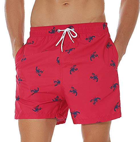 SILKWORLD Men's Swim Shorts Quick Dry Athletic Beach Trunks with Pockets (Crayfish/Red, X-Large)