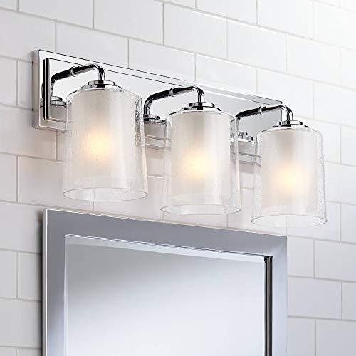 Image of Possini Euro Design Mabelle Modern Wall Light Chrome Silver Hardwired 22 1 /2 inch Wide 3-Light Fixture Mounted Clear Seedy Outer Frosted Glass Inner Bathroom Vanity Mirror House Home Hallway Room Decor