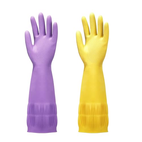 FMP Brands 12 Pairs 15 Inch Extra Long Rubber Dishwashing Gloves - Non-Slip for Cleaning, Kitchen, Bathroom, Gardening (Large, Yellow + Purple)