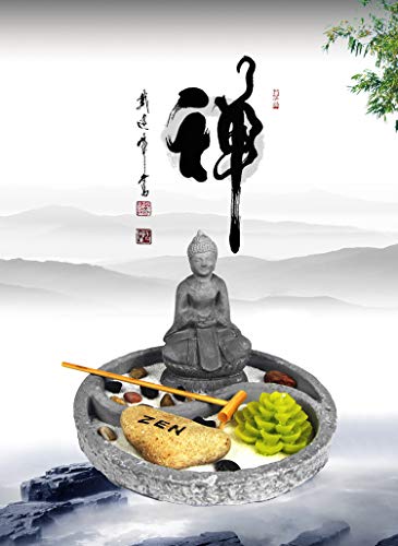 OM HOME Jardin Zen Figura Buda en Bandeja Redonda,con portavela en Forma de Flor de Loto, Roca y Arena decoración con Embalaje Mejorado Cover