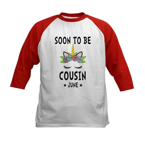 CafePress Soon to Be Cousin June Future Gift Baseball Jersey Kids Cotton Baseball Jersey, 3/4 Raglan Sleeve Shirt Red/White