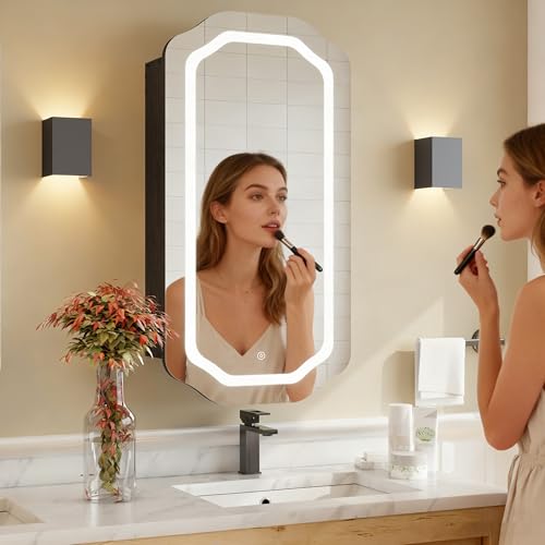 Armario de medicamentos LED con espejo para baño, montaje en pared o empotrado, con luces ajustables y espejo, estantes estables y extraíbles (2), regulables en 3 colores (Negro) miniatura 5