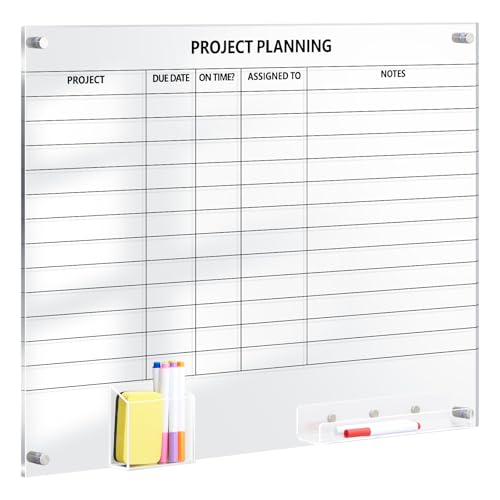 Lincia Acrylic Project Planning Whiteboard, 24 x 18 Inch Clear Wall Schedule Dry Erase Board with 8 Markers and Eraser, Whiteboard Planner with Lines for Home Office Project and Family Organization