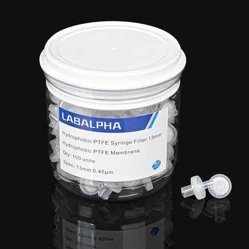 Image of LABALPHA Syringe Filters PTFE 100 Pack Lab Filters Pore Size Hydrophobic Filtration (13mm 0.45μm)