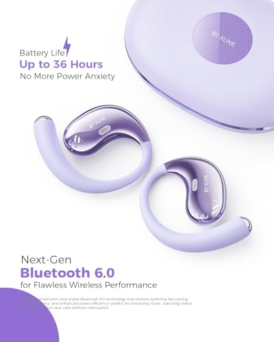 耳掛け式 Bluetooth 6.0 オープンイヤーイヤホン｜36時間駆動・ノイズキャンセリング通話・汗対応・軽量設計｜ジム・通勤・旅行に最適 ワイヤレス スポーツヘッドホン (パープル)