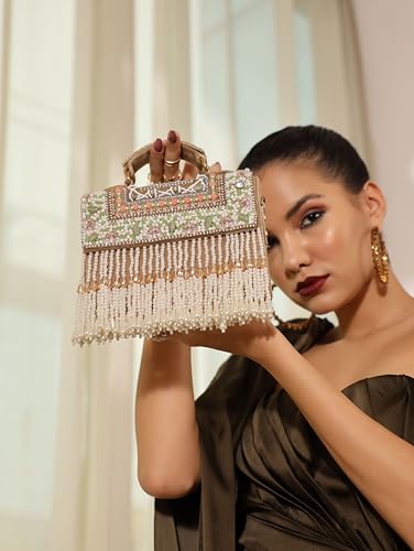 Image of THE TAN CLAN Kiara Beige Flap Over Bag Clutches for women Purses Luxury Evening Handbags for ladies with Handle