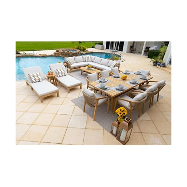 Rimini 15-Piece Teak Wood Outdoor Patio Furniture Combination Set w/Sectional Set, Dining Set, and Chaise Lounge Set