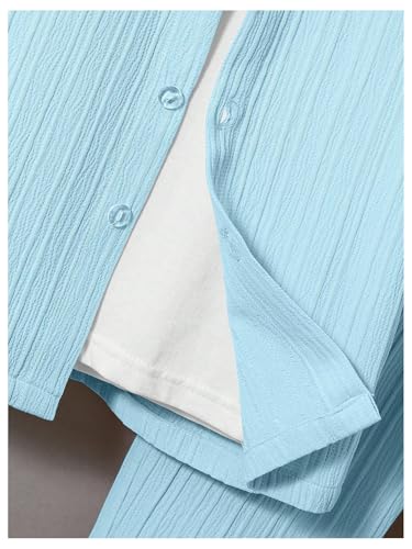 Image of RoseSeek Boy's 2 Piece Outfits Textured Button Down Short Sleeve Collar Shirts Tops and Elastic Waisted Pants Blue 7Y