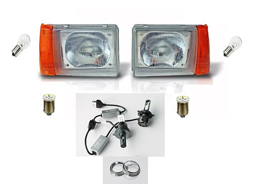 Generico KIT Fari anteriori Regolazione elettrica Specifici COMPATIBILI con Panda modello 141 dal 1986 al 2003 Fanali Proiettori + Lampade LED H4-34400/1-34410/1 - GE069 + HID-5-58477