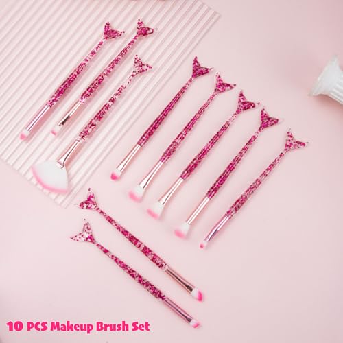 10 PCS Mermaid Makeup Brushes, Rose Red Crystal Glitter Blush Highlight Eye Shadow Eyebrow Concealers Brush Set with Sequins Synthetic Fiber Make up Brush, Gift for Girls & Women - Image 3