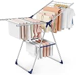 Sakugi Clothes Drying Rack with Height-Adjustable Wings, Metal Foldable Laundry Dryer Stand for Clothing & Bedding, Free-Standing Collapsible for Indoor & Outdoor Use, 141 x 58 x 93 cm, Silver Blue