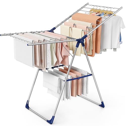 Sakugi Clothes Drying Rack with Height-Adjustable Wings, Metal Foldable Laundry Dryer Stand for Clothing & Bedding, Free-Standing Collapsible for Indoor & Outdoor Use, 55.5" L × 22.8" W, Silver Blue