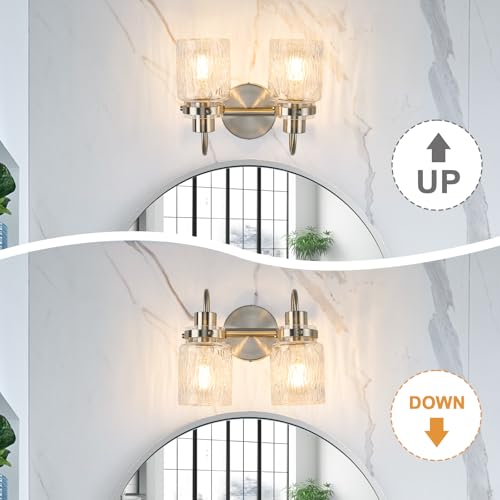 Image of 2 Lights Hammered Glass Bathroom Vanity Light,Brushed Nickel | Easy Installation,Up or Down,Farmhouse Modern Style,E26 Socket,ETL Certification