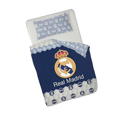 Juego de Cama del R. Madrid Equipo de Fútbol (1 Funda de Edredón + 1 Funda de Almohada), Oficial Fútbol Madrid, Regalo R. Madrid, 50% Algodón y 50% Poliester, (L)