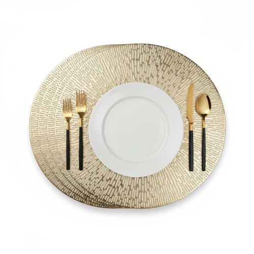 Komforbaa Set of 4 Round Placemats 15inch diameter Vinyl Metallic Gold Placemats Wipeable Heat-Resistant Dining Table Mats for Party & Kitchen Reusable