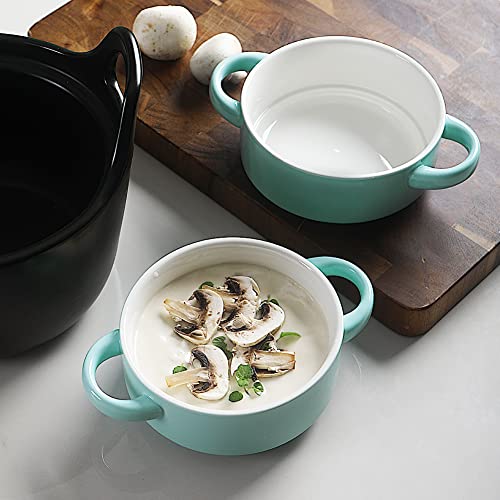 Image of Sweejar Ceramic Soup Bowls with Double Handles, 20 Oz Stacked Bowls for French Onion Soup, Cereal, Pot Pies, Stew, Chill, Pasta, Set of 4(Dark Turquoise)