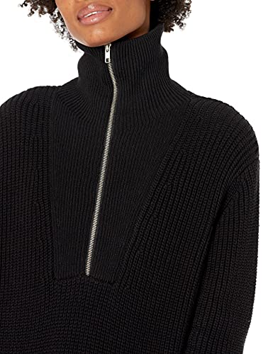 Image of Cable Stitch Women's Half Zip Cotton Pullover Sweater - Solid V-Neck Collar Loose Rib-Knit Long Sleeve Top