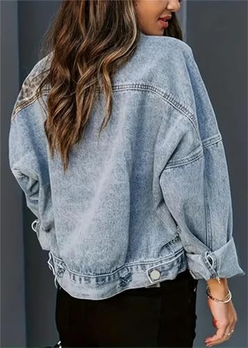 Women’s Leopard Print Spliced Distressed Ripped Denim Jacket Long Sleeve Pockets Jean Jacket Coat3