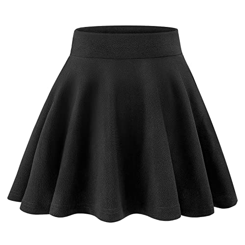 KEREDA Girls Casual Mini High Waist Stretchy Flared Pleated Skater Uniform Skirts Black 12-13 Years
